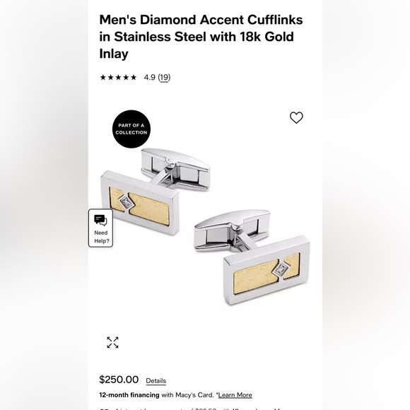 Men's Diamond Accent Cufflinks in Stainless Steel with 18k Gold Inlay (Macy’s) - Picture 3 of 5